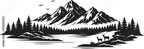 Idaho Mountain Landscape Silhouette, Vector Illustration, Isolated on White Background