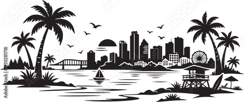 Florida Tropical Landscape Silhouette, Vector Illustration, Isolated on White Background