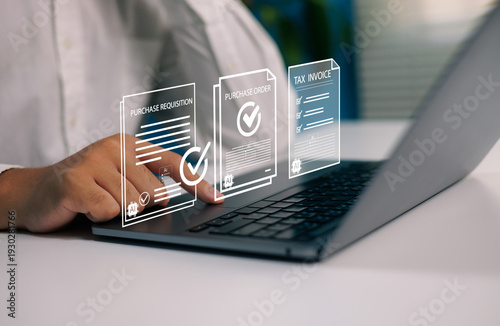 Принти на полотні Person working digital procurement workflow on laptop purchase requisition purch