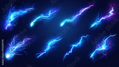 95.Glowing electric discharge set in vector format, showing curved and straight lightning shapes with powerful neon blue luminance and realistic spark effects