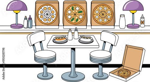 Retro Fast Food Diner Interior Illustration with Pizza Boxes Hot Dogs and Counter Seating