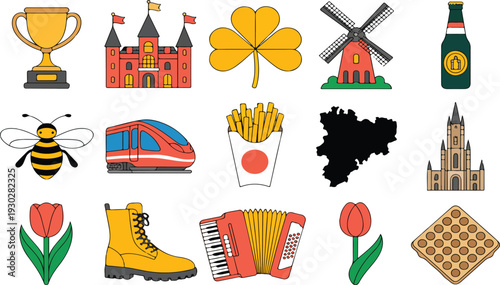 Belgium Symbols Collection Vector Set Featuring Travel Culture Landmarks Food and National Icons