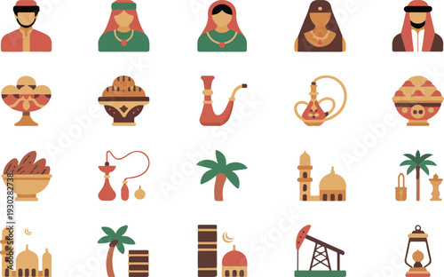 Middle Eastern Culture Icon Set with Traditional Clothing Architecture Food Oil Industry and Travel Symbols