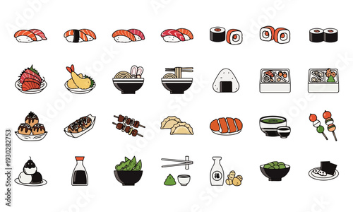 Japanese Cuisine Icon Set – Sushi, Ramen, Bento and Traditional Food Vectors