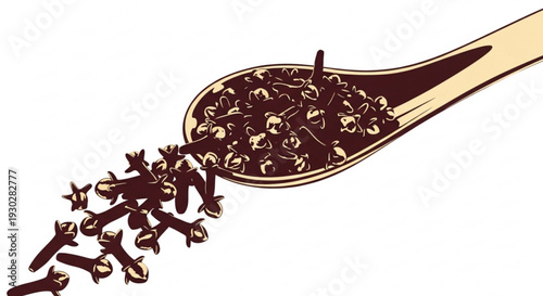 Clove spice pouring from wooden spoon on white background aromatic culinary ingredients
