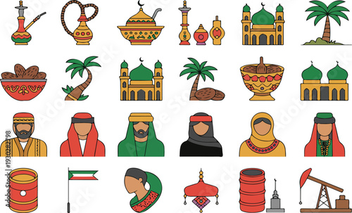 Middle Eastern Culture Icon Set with Traditional Clothing Architecture Food Oil Industry and Travel Symbols