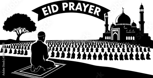 Eid Prayer Black and White Vector Illustration with Mosque and Worshippers