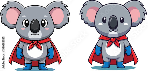 Set of 2 Cute Superhero Koala Cartoon Vector Illustrations