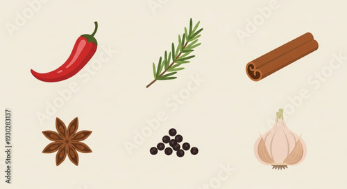 Collection of various herbs and spices for cooking and seasoning including chili pepper rosemary cinnamon star anise black peppercorns and garlic on a beige background