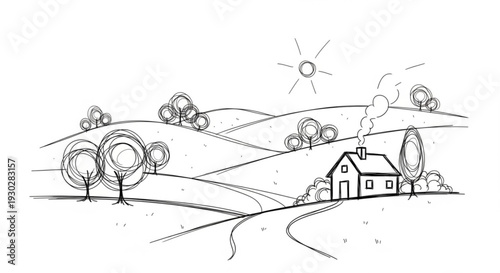 Cozy house on rolling hills with trees and sunny sky peaceful landscape scene