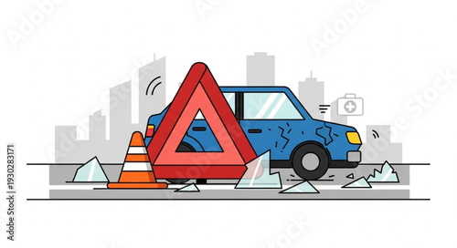 Car Accident Warning Sign Cones.