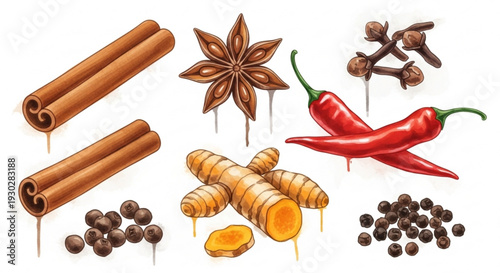 Spices and herbs collection cinnamon sticks star anise turmeric chili peppers cloves black pepper and allspice berries on white background
