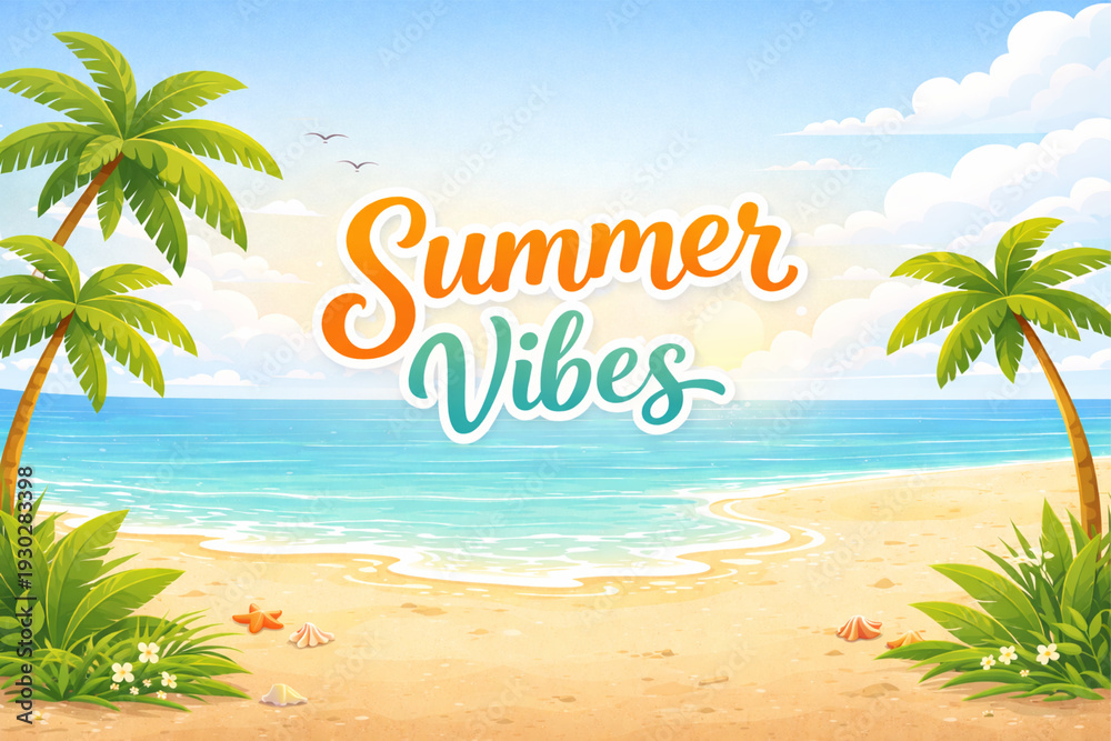 Fototapeta premium Summer Vibes Tropical Beach Background with Palm Trees and Ocean Vector Illustration