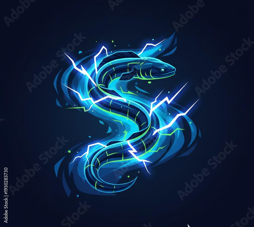 Electric fish illustration with glowing blue and green accents on a dark background from a direct viewpoint
