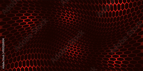 Hexagon game background with glowing red honeycomb grid on black surface. Abstract geometric pattern of connected cells for futuristic interface design. Digital technology bg with luminous edges.