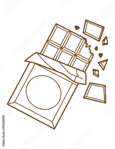 Chocolate bar with wrapper being peeled off and pieces breaking away