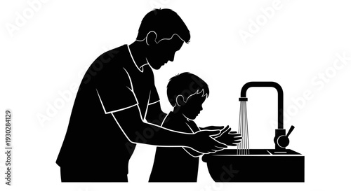 Father teaching son to wash hands.