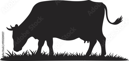 Black cow silhouette grazing in pasture grass, isolated farm animal illustration, livestock agriculture rural countryside concept image