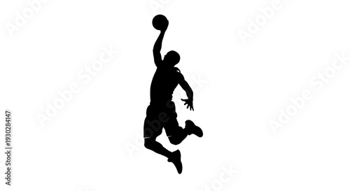 Man jumping to dunk basketball high.