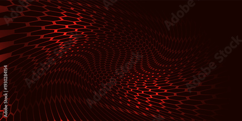 Hexagon game background with glowing red honeycomb grid on black surface. Abstract geometric pattern of connected cells for futuristic interface design. Digital technology bg with luminous edges.