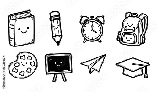 Cute school doodle line art education icon vector set