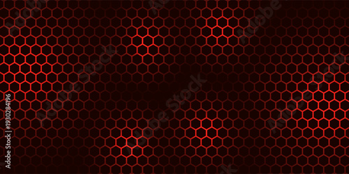 Hexagon game background with glowing red honeycomb grid on black surface. Abstract geometric pattern of connected cells for futuristic interface design. Digital technology bg with luminous edges.