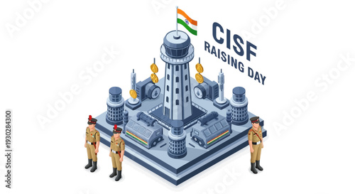 Illustration of CISF personnel standing guard around a building with the Indian flag on CISF Raising Day against a clean white background.