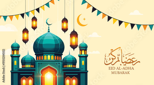 Eid aladha mubarak greeting card with mosque and lanterns on festive background with crescent moon