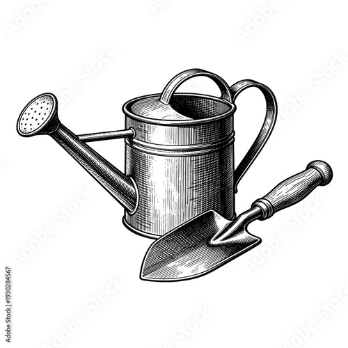 Antique watering can and trowel etching illustration for vintage gardening concept