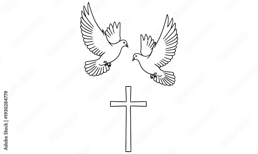 Fototapeta premium Doves and cross christian symbolism illustration