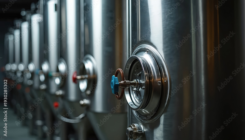 Fototapeta premium Large stainless steel tanks line a modern winery cellar, used for white wine fermentation. Equipment features valves for process control and hygiene.