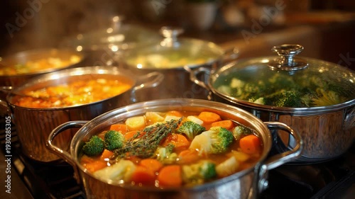 Steaming vegetables simmering in stainless steel pots on a busy kitchen stove