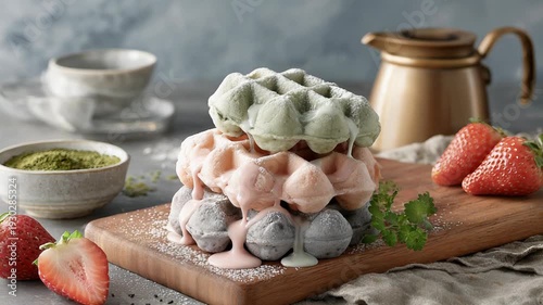 Delightful dessert preparation with fresh strawberries and matcha tea in rustic setting