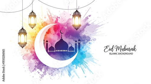 Eid mubarak greeting card with colorful watercolor design and hanging lanterns for islamic holiday
