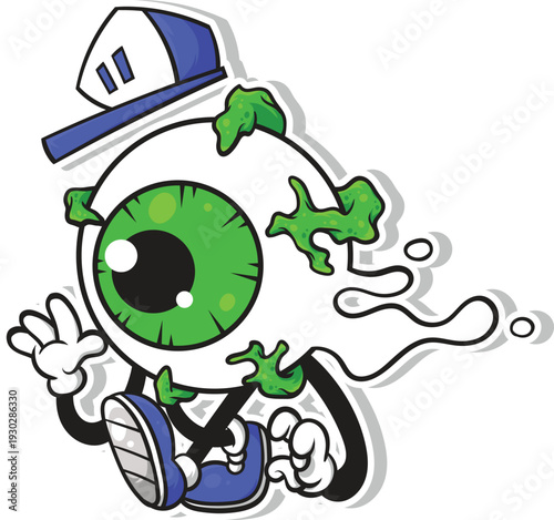 Cool-Eyed Cartoon Mascot Character in Graffiti Style Walking with a Hat and Cute Shoes