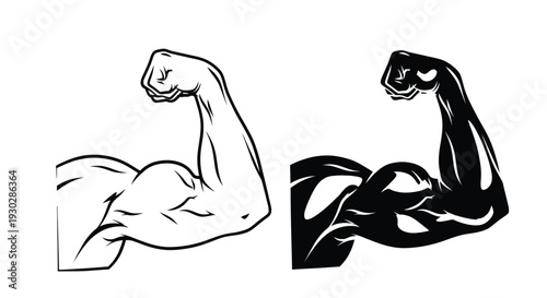Powerful flexing biceps arm vector graphic illustration demonstrating strength, fitness, and bodybuilding concept design, ideal for gym and workout promotions or health projects.