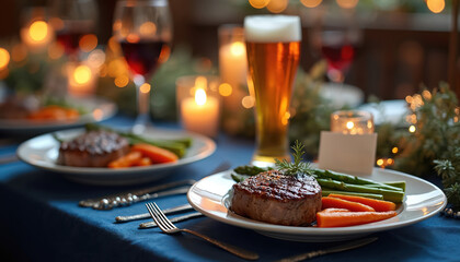Elegant dinner table set with grilled steak, carrots, asparagus, beer, and wine. Festive candles and bokeh lights create a warm, celebratory ambiance for a special meal.