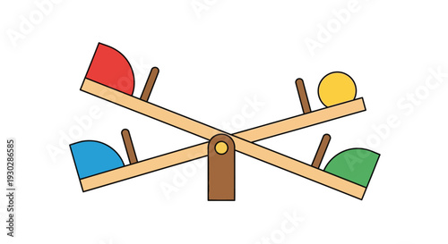 Colorful vector illustration depicting an unbalanced seesaw mechanism with varying weights showing an equilibrium concept challenge