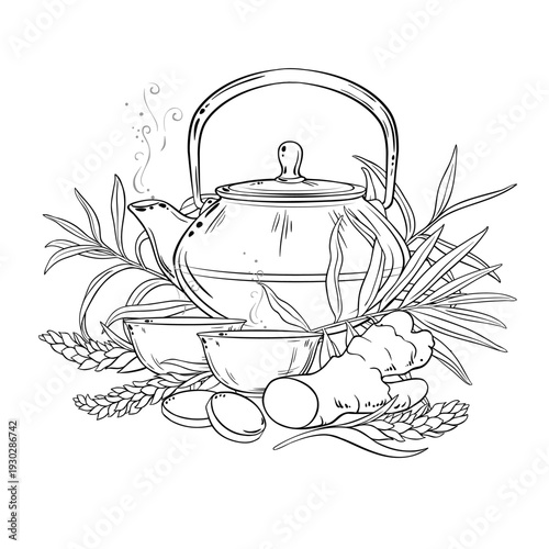 Ginger Tea in Teapot aroma beverage Outline Illustration. Vector isolated for Design and Decoration for Cafeteria, Posters, Banners, Cards.