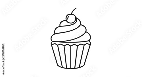 Simple Line Art Icon of a Cupcake with Cherry on Top