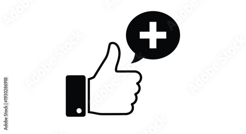A minimalist vector graphic illustration featuring a thumbs-up hand gesture icon next to a speech bubble containing a plus sign, signifying approval, addition, or positive interaction.