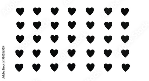 A minimalist vector illustration featuring an evenly spaced grid of numerous identical black heart shapes on a crisp white background creating a simple pattern design.
