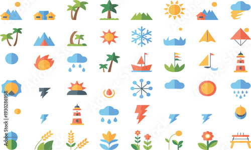 Nature and Weather Vector Icon Set with Mountains Trees Storm Rain Fire Lighthouse and Outdoor Elements