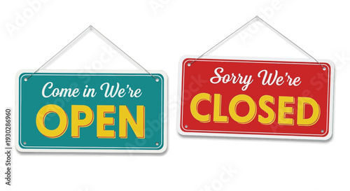 Vibrant vector illustration featuring two distinct hanging signs, one inviting customers with a cheerful 'Open' message and the other indicating a temporary 'Closed' status for businesses.