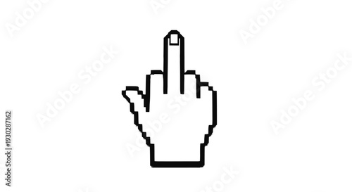Minimalist vector graphic illustration of a pixelated computer cursor hand icon displaying the middle finger gesture on white