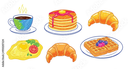 Crayon textured breakfast drawing with colorful pancakes and waffles