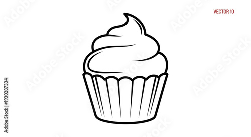 Simple outline drawing of a cupcake with swirl frosting, isolated on white background.