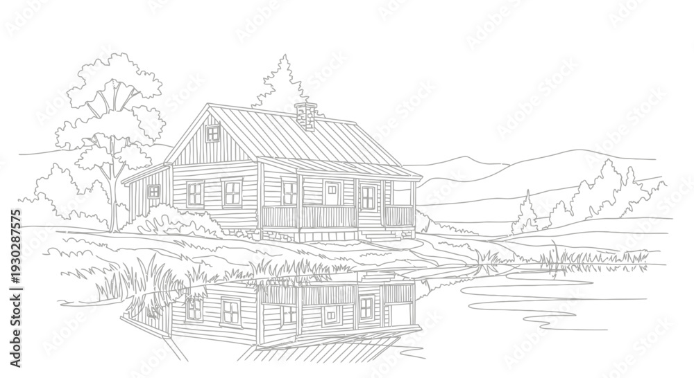 Obraz premium Rustic Log Cabin by Serene Lake with Mountain Reflection - Black and White Line Art