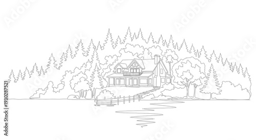 Rustic Lakeside Cabin Surrounded by Pine Forest, Sketch Style