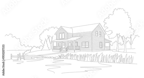 Rustic house by the lake with a small dock and trees, line art drawing